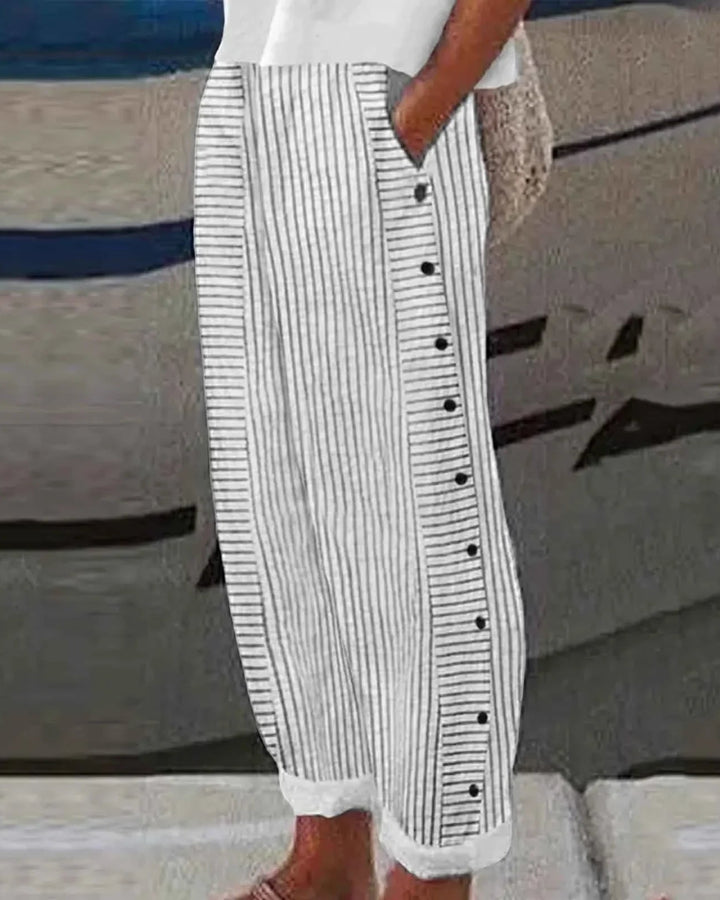 Rachel - Seabreeze Stripe Button Trousers